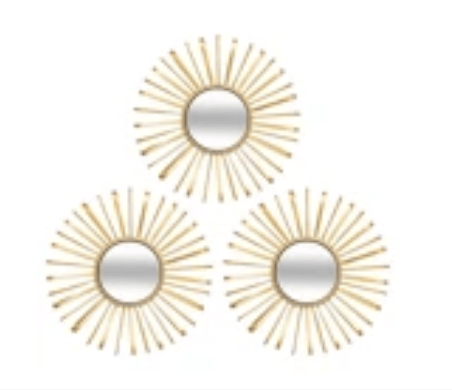 Set de 3 miroirs en forme de soleil avec cadre doré, disposés en constellation murale