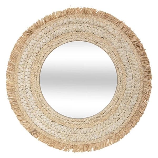 Miroir Celia rond bordure tressée lin beige 68cm au mur chambre adulte