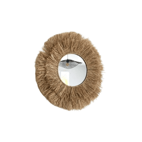 Miroir XL rond raphia couronne frangée naturelle au mur salon
